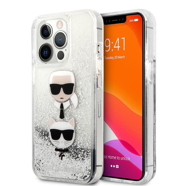 كفر جوال ايفون 13 برو ماكس سيليكون شفاف لامع لون فضي من كارل لاغرفيلد Karl Lagerfeld Liquid Glitter Case And Karl And Choupette Head For iPhone 13 Pro Max