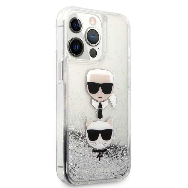 كفر جوال ايفون 13 برو ماكس سيليكون شفاف لامع لون فضي من كارل لاغرفيلد Karl Lagerfeld Liquid Glitter Case And Karl And Choupette Head For iPhone 13 Pro Max