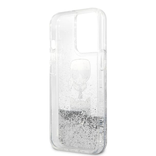 كفر جوال ايفون 13 برو ماكس سيليكون شفاف لامع لون فضي من كارل لاغرفيلد Karl Lagerfeld Liquid Glitter Case And Karl And Choupette Head For iPhone 13 Pro Max