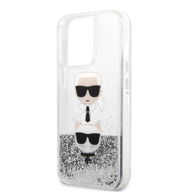 كفر جوال ايفون 13 برو ماكس سيليكون شفاف لامع لون فضي من كارل لاغرفيلد Karl Lagerfeld Liquid Glitter Case And Karl And Choupette Head For iPhone 13 Pro Max