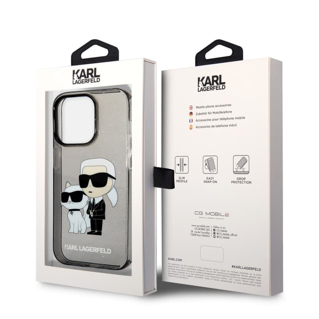 كفر جوال ايفون 14 برو لامع لون أسود من كارل لاغرفيلد Karl Lagerfeld IML Glitter NFT Karl & Choupette Hard Case for iPhone 14 Pro