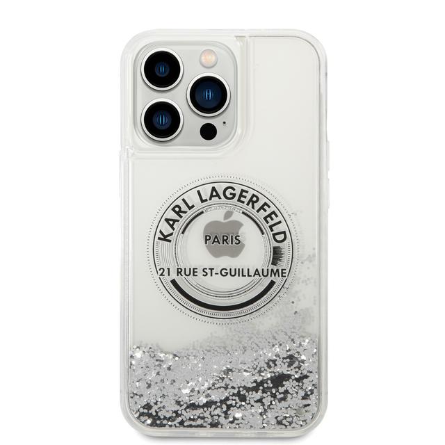 كفر جوال ايفون 14 برو ماكس سيليكون شفاف لامع لون فضي من كارل لاغرفيلد Karl lagerfeld Liquid Glitter Case Round Rsg Logo For iPhone 14 Pro Max - SW1hZ2U6MTM5MDgzMw==