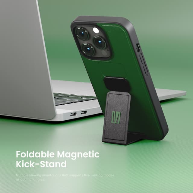 كفر ايفون جلد لجوال ايفون 14 برو بلون أخضر مع حامل تثبيت ليفيلو  Levelo Morphix Gripstand iPhone 14 Pro PU Leather Case Strom Forest Green