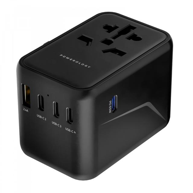 راس شاحن سفري 5 مخارج 65 واط بورلوجي أسود Powerology Universal Multi-Port Travel Adapter