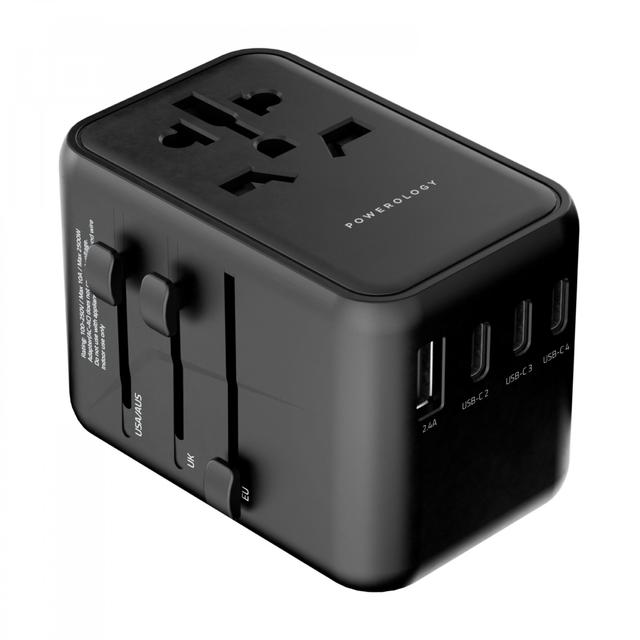 راس شاحن سفري 5 مخارج 65 واط بورلوجي أسود Powerology Universal Multi-Port Travel Adapter