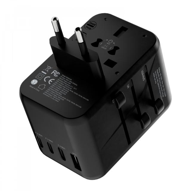 راس شاحن سفري 5 مخارج 65 واط بورلوجي أسود Powerology Universal Multi-Port Travel Adapter