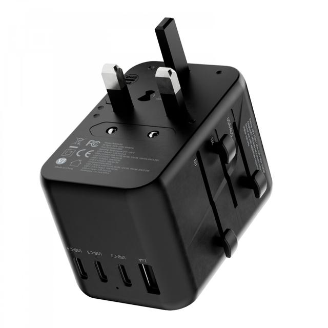 راس شاحن سفري 5 مخارج 65 واط بورلوجي أسود Powerology Universal Multi-Port Travel Adapter