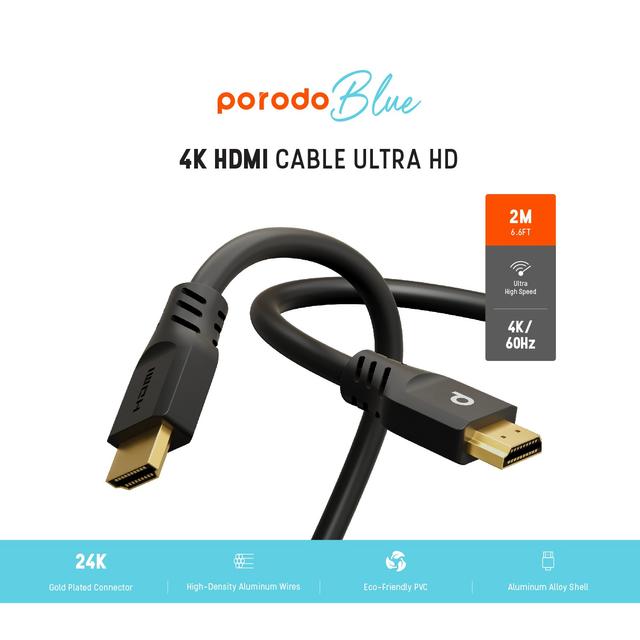 Porodo Blue 4K HDMI Ultra HD Cable 60Hz 2m / 6.6ft - Black [ PB-HD4K2M-BK ] - SW1hZ2U6MTM5NzAwMA==