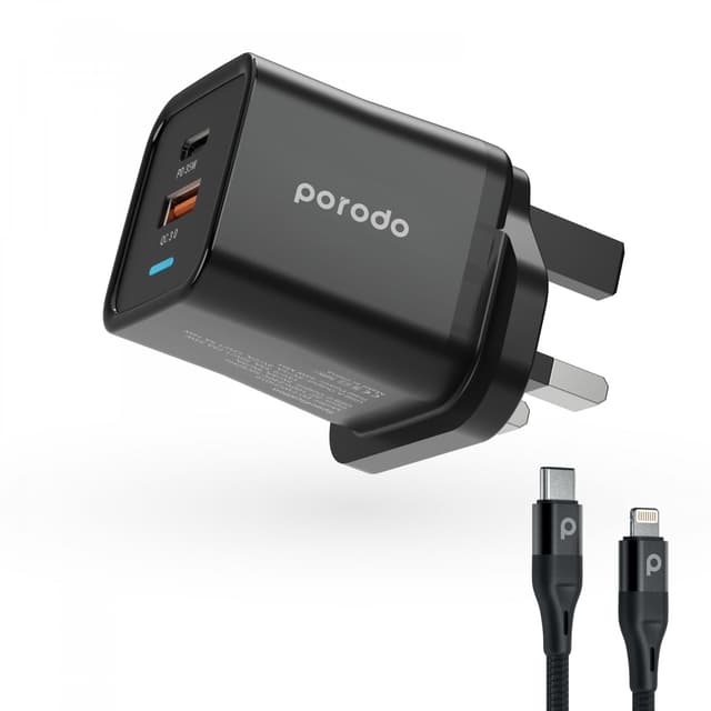 راس شاحن كبس تايب سي 35 واط مخرجين مع سلك شاحن ايفون وتايب سي بورودو Porodo Wall Charger UK