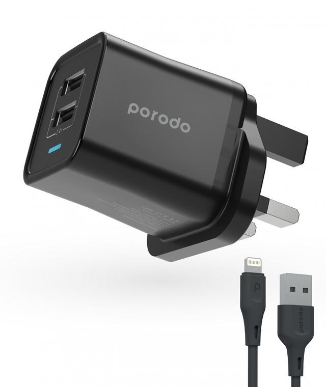 Porodo Dual USB Wall Charger 2.4A UK with PVC Lightning Cable 1.2m - Black [ PD-FWCH011-L-BK ] - SW1hZ2U6MTM5NjU0Mw==