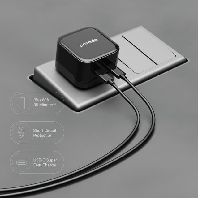 راس شاحن كبس تايب سي 35 واط مخرجين مع كيبل تايب سي 1.2 متر بورودو Porodo Super-Fast Charger with Braided Cable