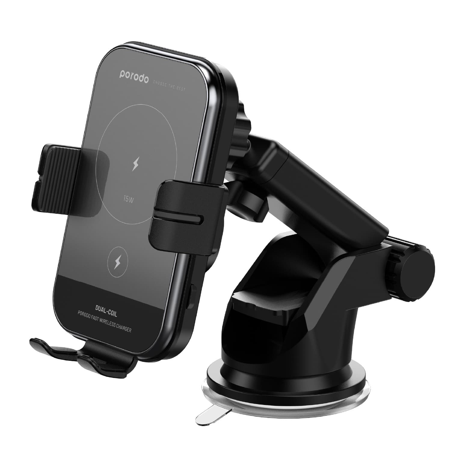 Porodo 3 in 1 Dual Coil Car Charger Mount QC3.0 with Fast Wireless Charger 15W - Black [ PD-WCM15W-BK ]