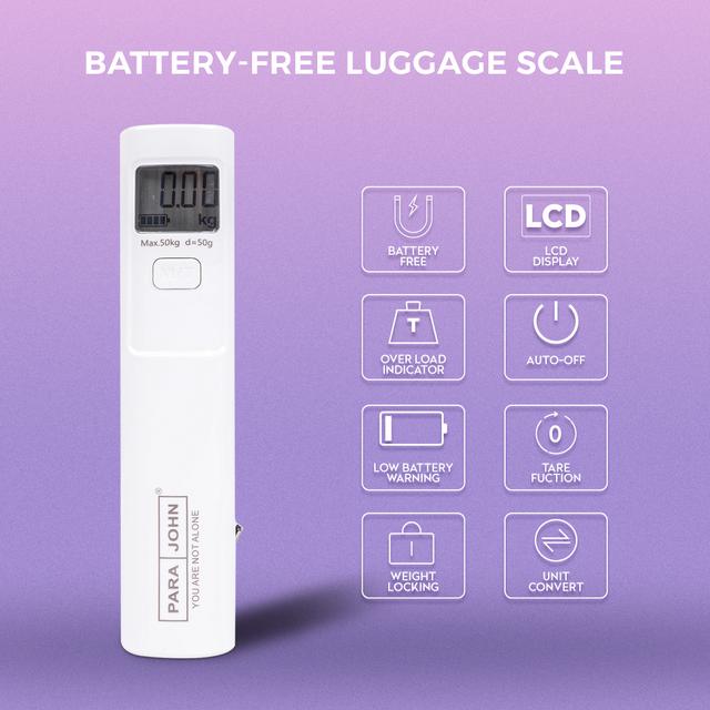Para John Battery Free Luggage Scale - Weight Scale 50 Kg/110 Lb Maximum Capacity, Lcd Display With Automatic Switch Off - Ecological Battery Free Technology - Portable Weighing Scale 