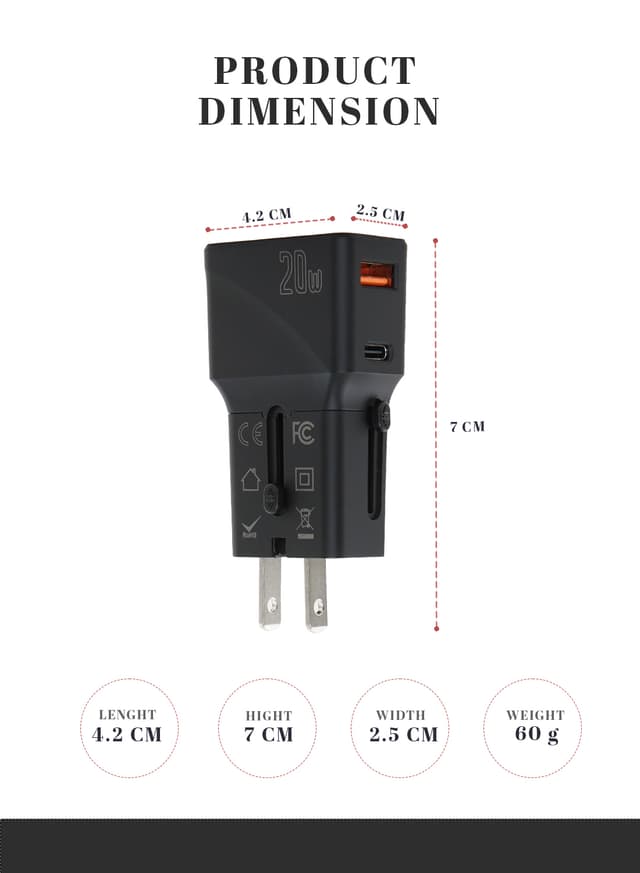 فيش سفر 20 واط مخرجين بارا جوهن Parajohn Universal Travel Adapter