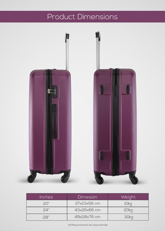 طقم شنط سفر 20/24/28 انش صلبة بارا جون 3 قطع بنفسجي PARA JOHN Lightweight ABS Hard side Travel  Luggage Trolley Bag Set