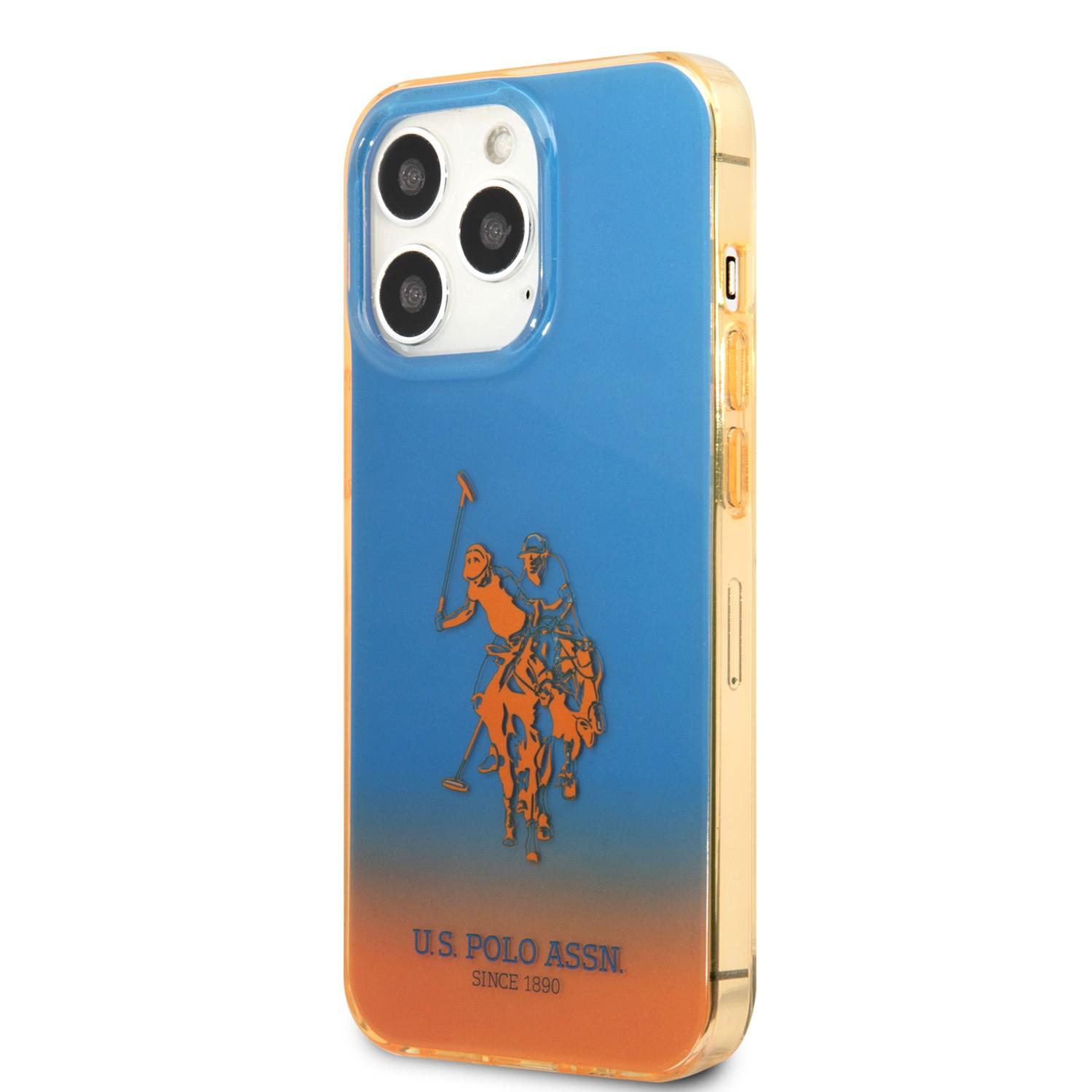 كفر جوال ايفون 14 برو سيليكون لون أزرق وبرتقالي من يو اس بولو USPA PC TPU Gradient Case With Dyed Bumper & Horse Logo For iPhone 14 Pro