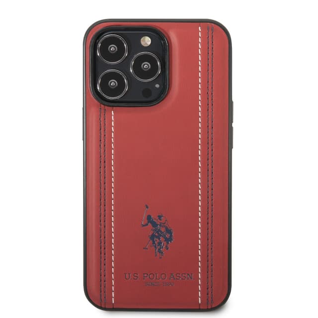 U.S.Polo Assn. USPA PU Leather Case With Stitched Lines Double Line & Horse Logo For iPhone 14 Pro - Red [ USHCP14LPFAR ] - 283459