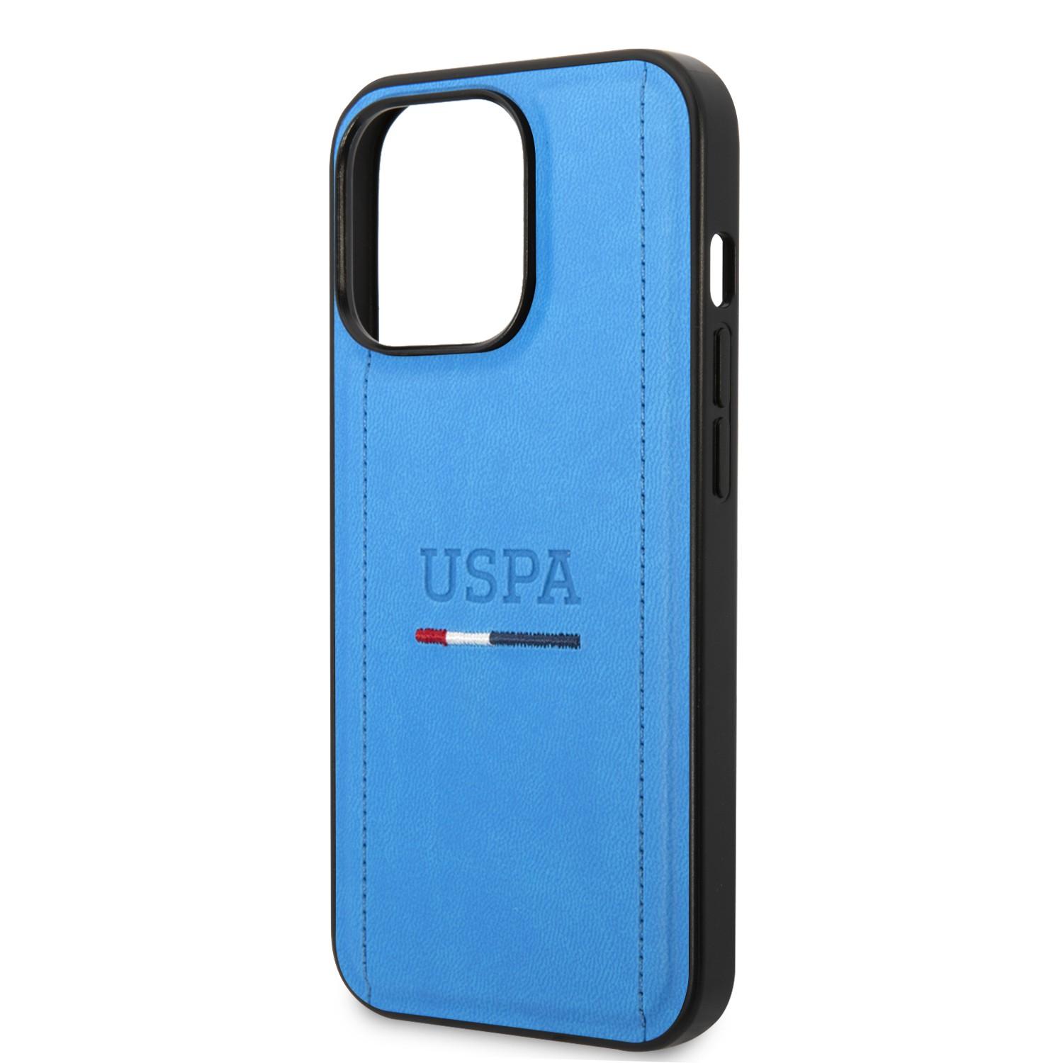 كفر جوال ايفون 14 برو جلدي لون أزرق من يو اس بولو USPA PU Leather Case With Tricolor Stitches & Initials For iPhone 14 Pro