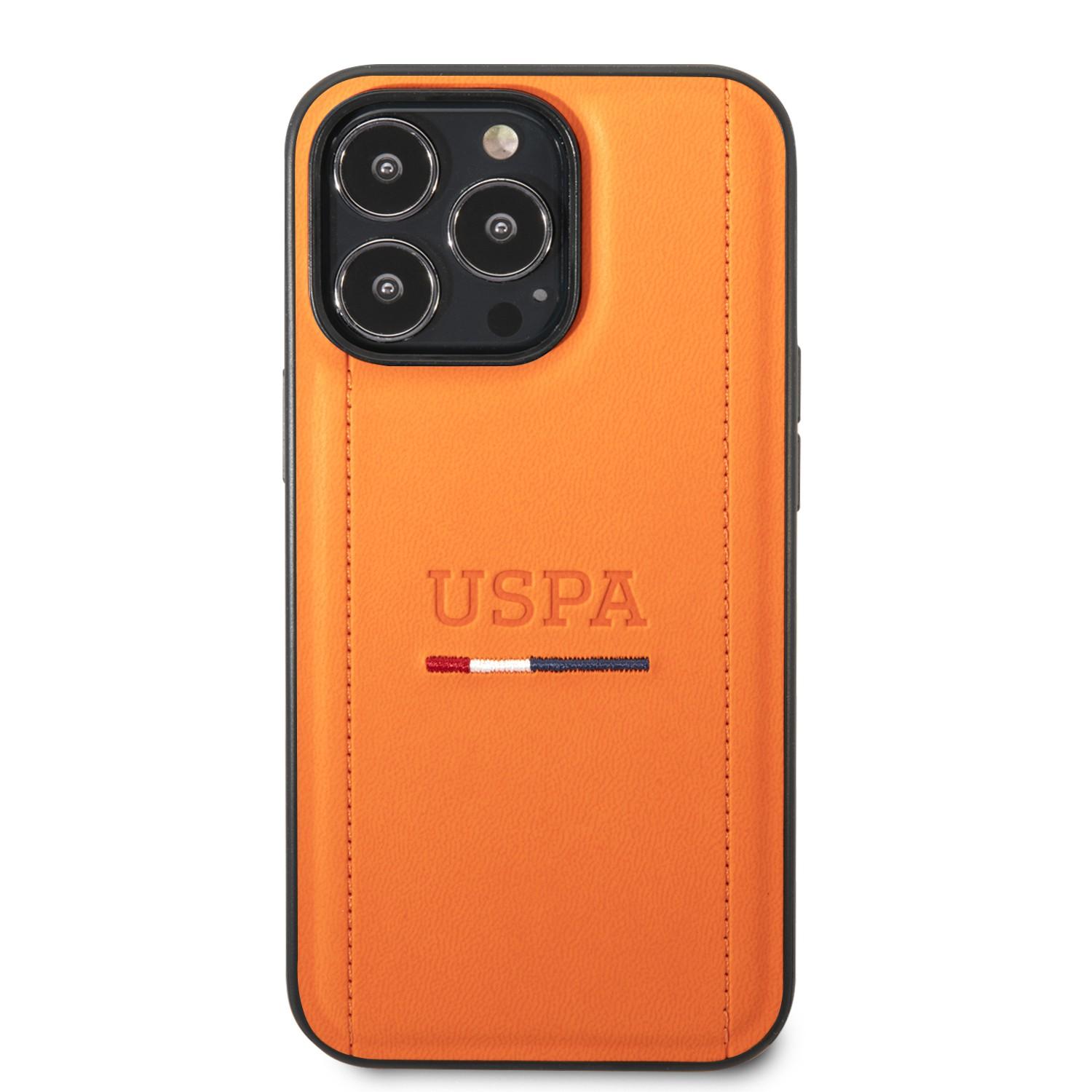 كفر جوال ايفون 14 برو جلدي لون برتقالي من يو اس بولو USPA PU Leather Case With Tricolor Stitches & Initials For iPhone 14 Pro