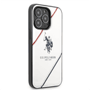 كفر جوال ايفون 14 برو جلدي لون أبيض مع لوغو حصان من يو اس بولو USPA PU Leather Case With Embossed Double Line & Horse Logo For iPhone 14 Pro