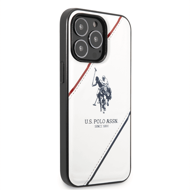 كفر جوال ايفون 14 برو جلدي لون أبيض مع لوغو حصان من يو اس بولو USPA PU Leather Case With Embossed Double Line & Horse Logo For iPhone 14 Pro