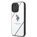 كفر جوال ايفون 14 برو جلدي لون أبيض مع لوغو حصان من يو اس بولو USPA PU Leather Case With Embossed Double Line & Horse Logo For iPhone 14 Pro