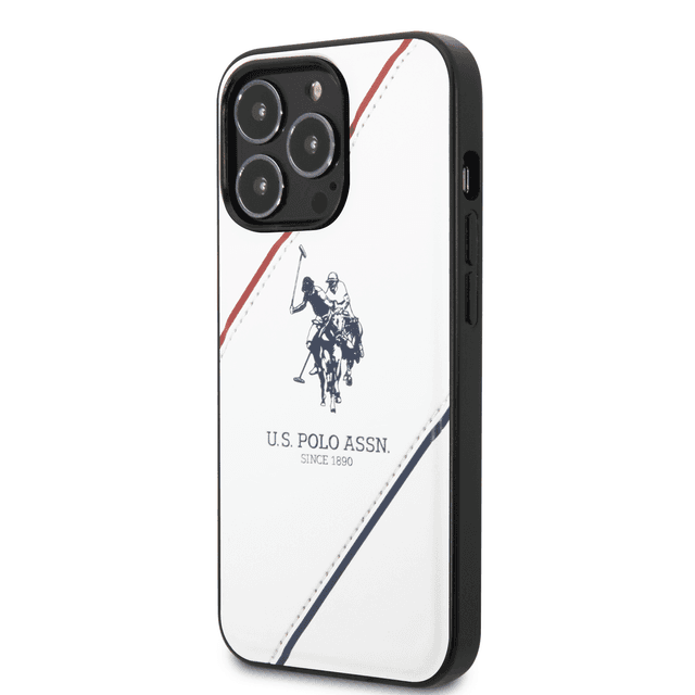 كفر جوال ايفون 14 برو جلدي لون أبيض مع لوغو حصان من يو اس بولو USPA PU Leather Case With Embossed Double Line & Horse Logo For iPhone 14 Pro