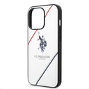 كفر جوال ايفون 14 برو جلدي لون أبيض مع لوغو حصان من يو اس بولو USPA PU Leather Case With Embossed Double Line & Horse Logo For iPhone 14 Pro