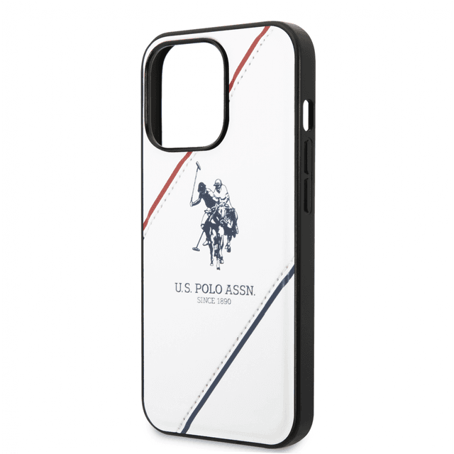 كفر جوال ايفون 14 برو جلدي لون أبيض مع لوغو حصان من يو اس بولو USPA PU Leather Case With Embossed Double Line & Horse Logo For iPhone 14 Pro
