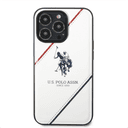 كفر جوال ايفون 14 برو جلدي لون أبيض مع لوغو حصان من يو اس بولو USPA PU Leather Case With Embossed Double Line & Horse Logo For iPhone 14 Pro