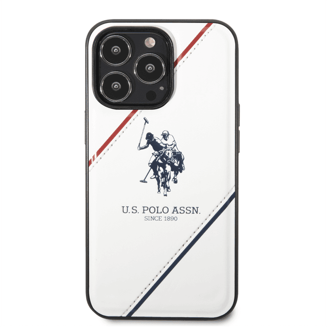 كفر جوال ايفون 14 برو جلدي لون أبيض مع لوغو حصان من يو اس بولو USPA PU Leather Case With Embossed Double Line & Horse Logo For iPhone 14 Pro