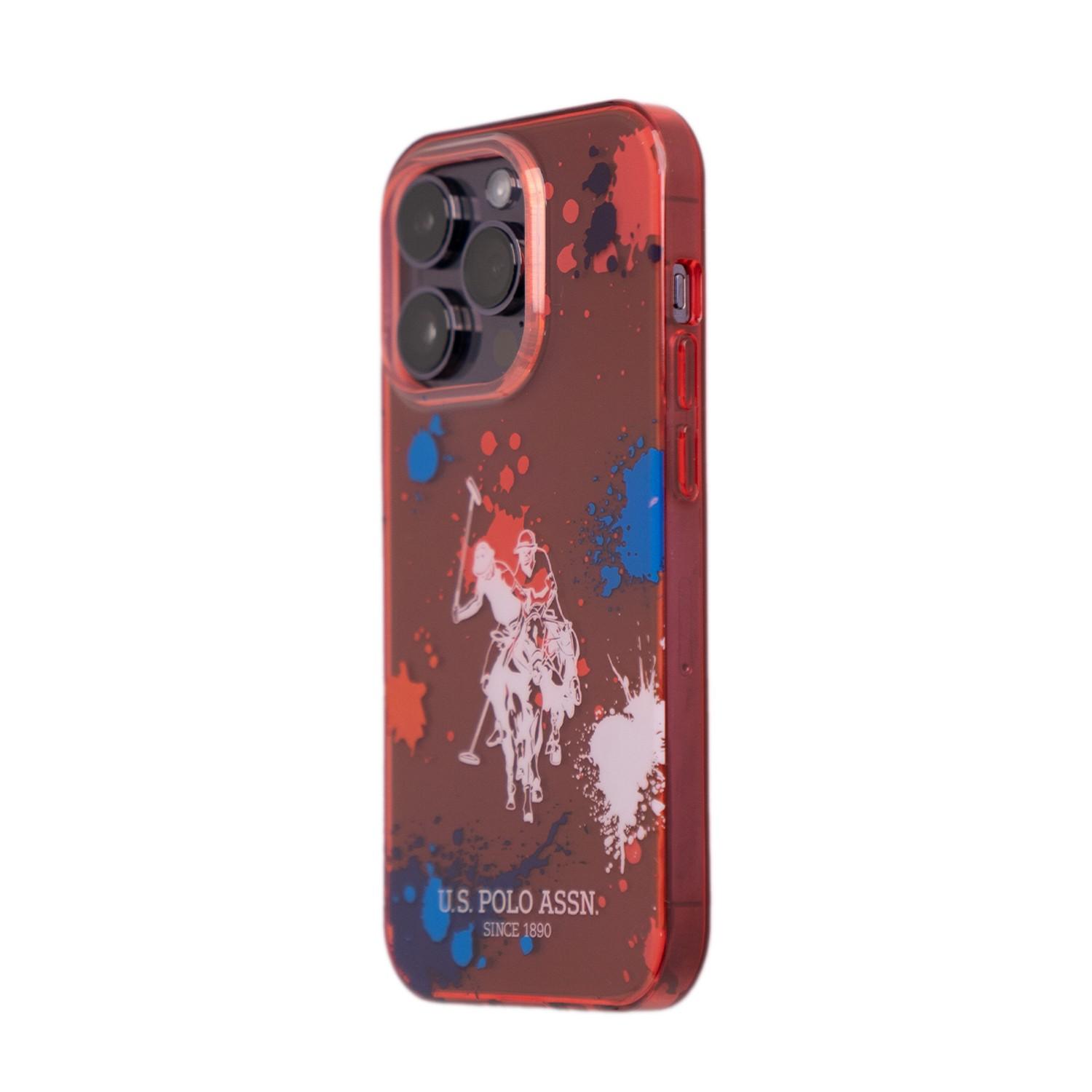كفر جوال ايفون 14 برو سيليكون لون أحمر من يو اس بولو USPA PC TPU Case With Splatter Pattern & Horse Logo For iPhone 14 Pro