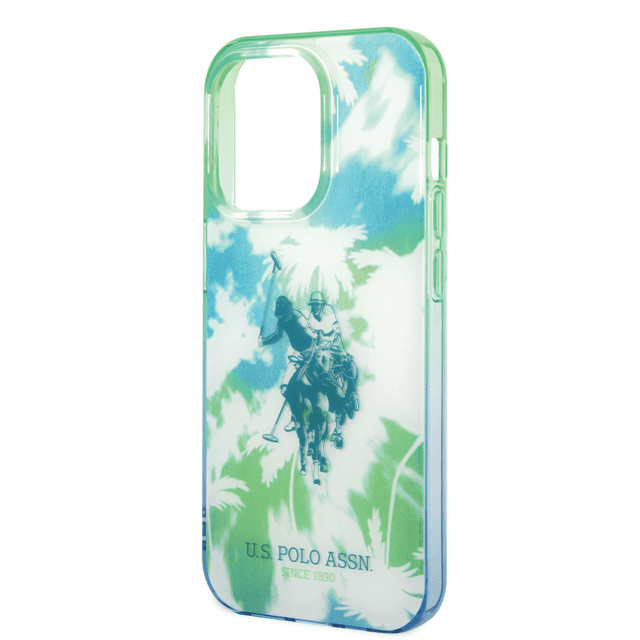كفر جوال ايفون 14 برو سيليكون لون أخضر من يو اس بولو USPA PC TPU IML Case With Dye Palm Design & Horse Logo For iPhone 14 Pro