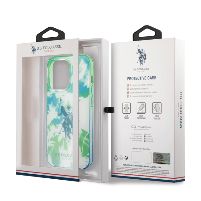 كفر جوال ايفون 14 برو سيليكون لون أخضر من يو اس بولو USPA PC TPU IML Case With Dye Palm Design & Horse Logo For iPhone 14 Pro