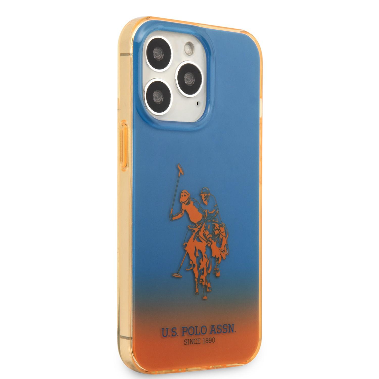 كفر جوال ايفون 14 برو ماكس سيليكون لون أزرق وبرتقالي من يو اس بولو USPA PC TPU Gradient Case With Dyed Bumper & Horse Logo For iPhone 14 Pro Max