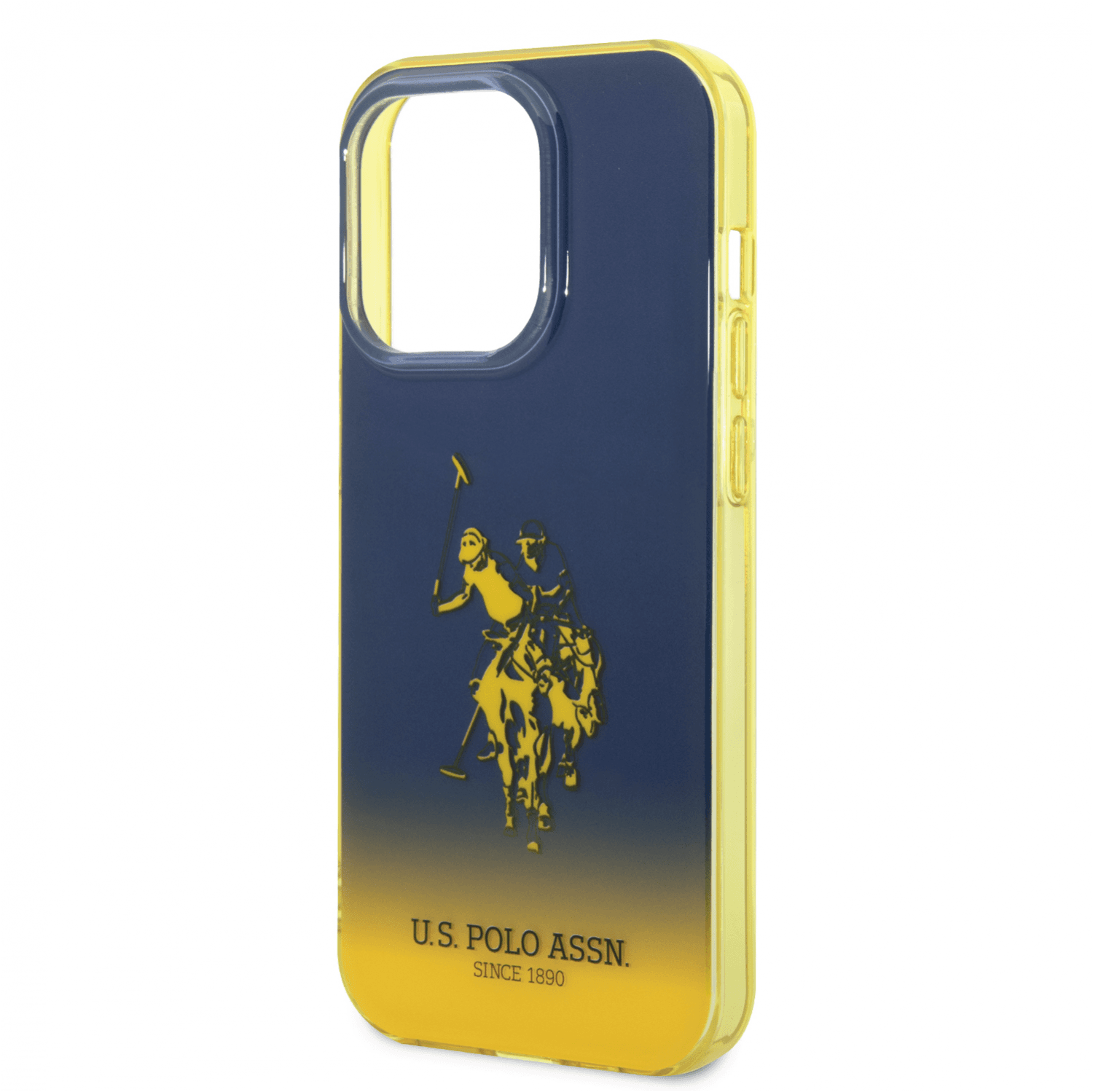 كفر جوال ايفون 14 برو ماكس سيليكون لون أزرق وأصفر من يو اس بولو USPA PC TPU Gradient Case With Dyed Bumper & Horse Logo For iPhone 14 Pro Max