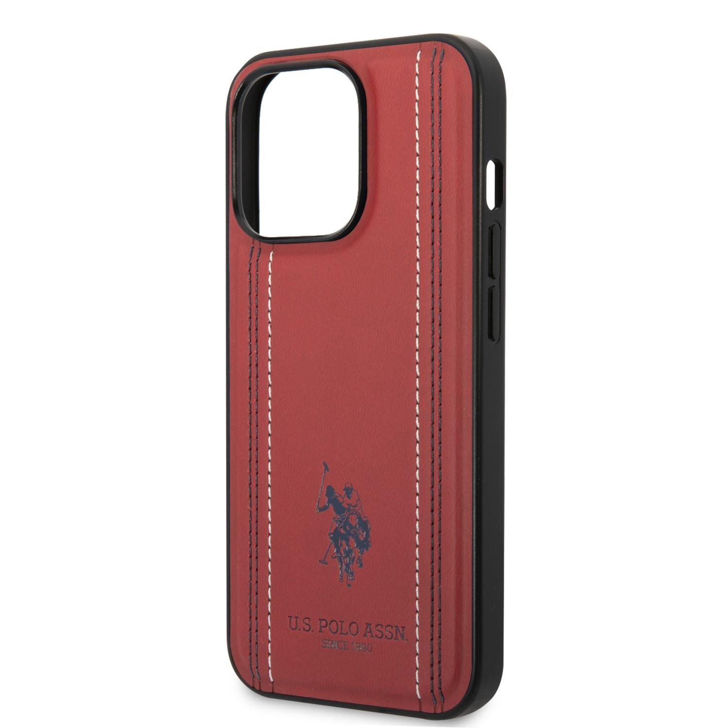 كفر جوال ايفون 14 برو ماكس جلدي لون أحمر مع لوغو حصان من يو اس بولو USPA PU Leather Case With Stitched Lines Double Line & Horse Logo For iPhone 14 Pro Max