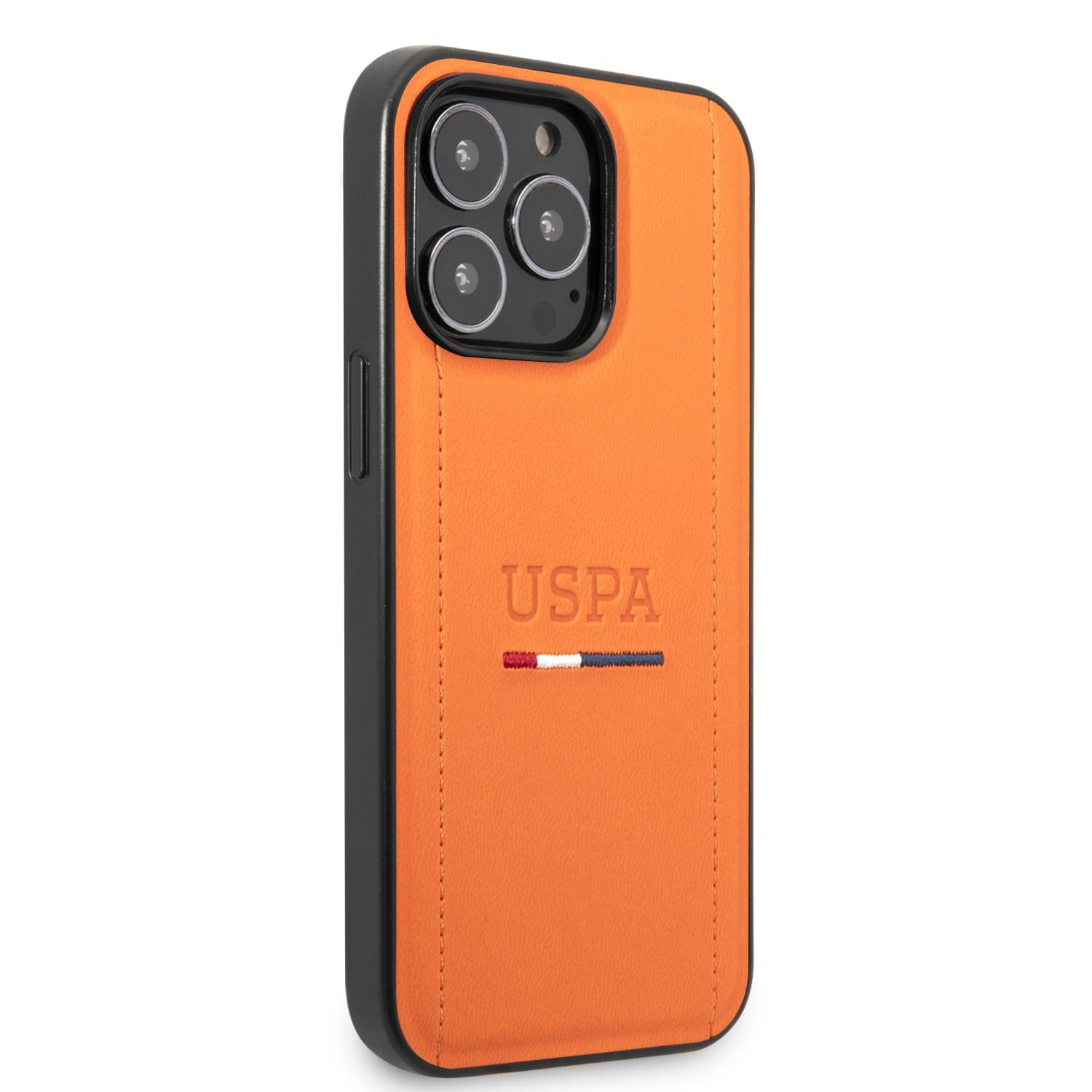 كفر جوال ايفون 14 برو ماكس جلدي لون برتقالي من يو اس بولو USPA PU Leather Case With Tricolor Stitches & Initials For iPhone 14 Pro Max