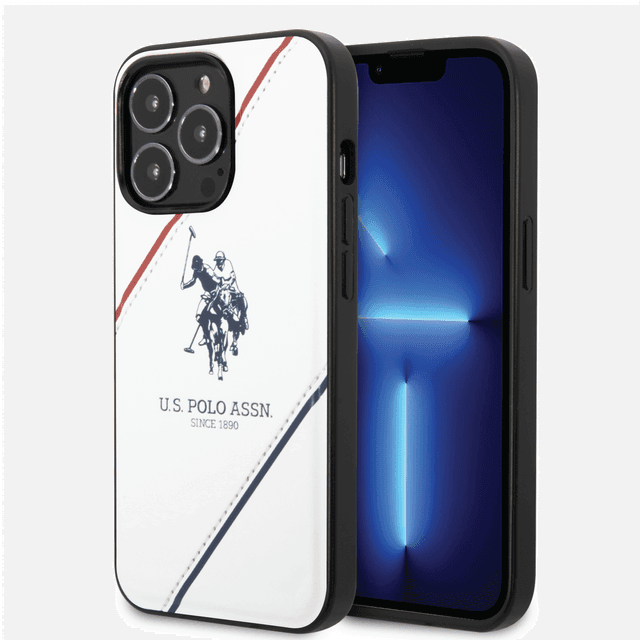 كفر جوال ايفون 14 برو ماكس جلدي لون أبيض مع لوغو حصان من يو اس بولو USPA PU Leather Case With Embossed Double Line & Horse Logo For iPhone 14 Pro Max - SW1hZ2U6MTM5OTMyNA==