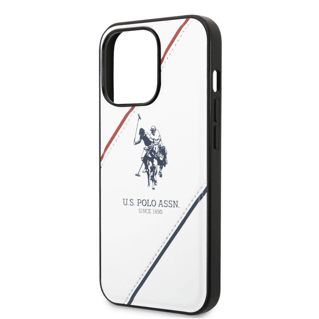 كفر جوال ايفون 14 برو ماكس جلدي لون أبيض مع لوغو حصان من يو اس بولو USPA PU Leather Case With Embossed Double Line & Horse Logo For iPhone 14 Pro Max - SW1hZ2U6MTM5OTMyNw==