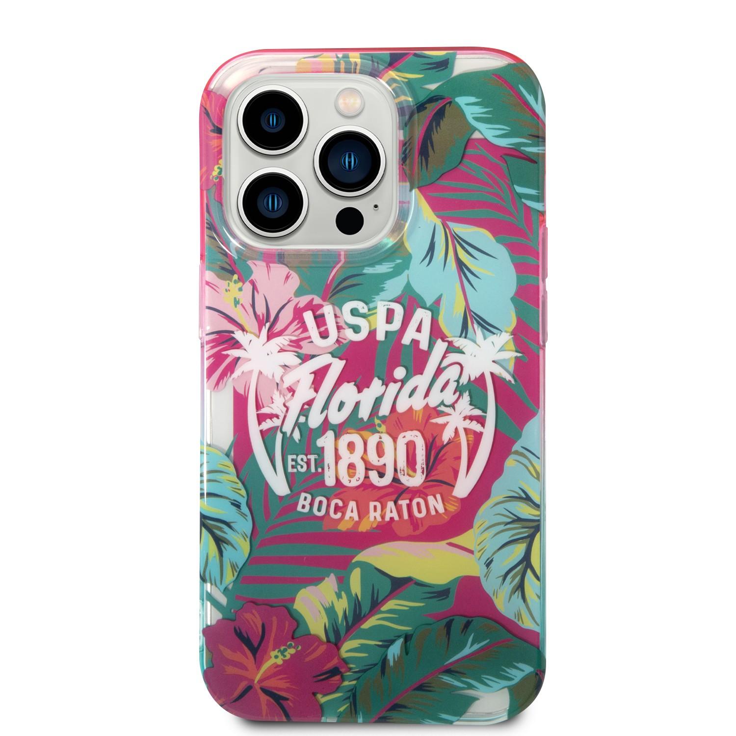 كفر جوال ايفون 14 برو ماكس سيليكون لون وردي وأخضر من يو اس بولو USPA PC TPU Case Florida Design For iPhone 14 Pro Max