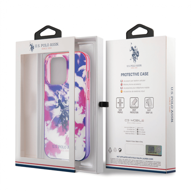 كفر جوال ايفون 14 برو ماكس سيليكون لون بنفسجي من يو اس بولو USPA PC TPU IML Case With Dye Palm Design & Horse Logo For iPhone 14 Pro Max