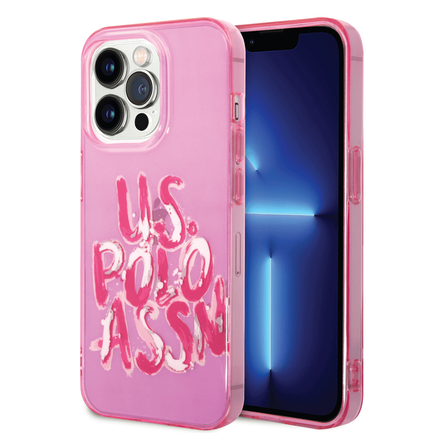 كفر جوال ايفون 14 برو ماكس سيليكون لون وردي من يو اس بولو USPA PC TPU Tranparent Case With Graffiti Logo For iPhone 14 Pro Max