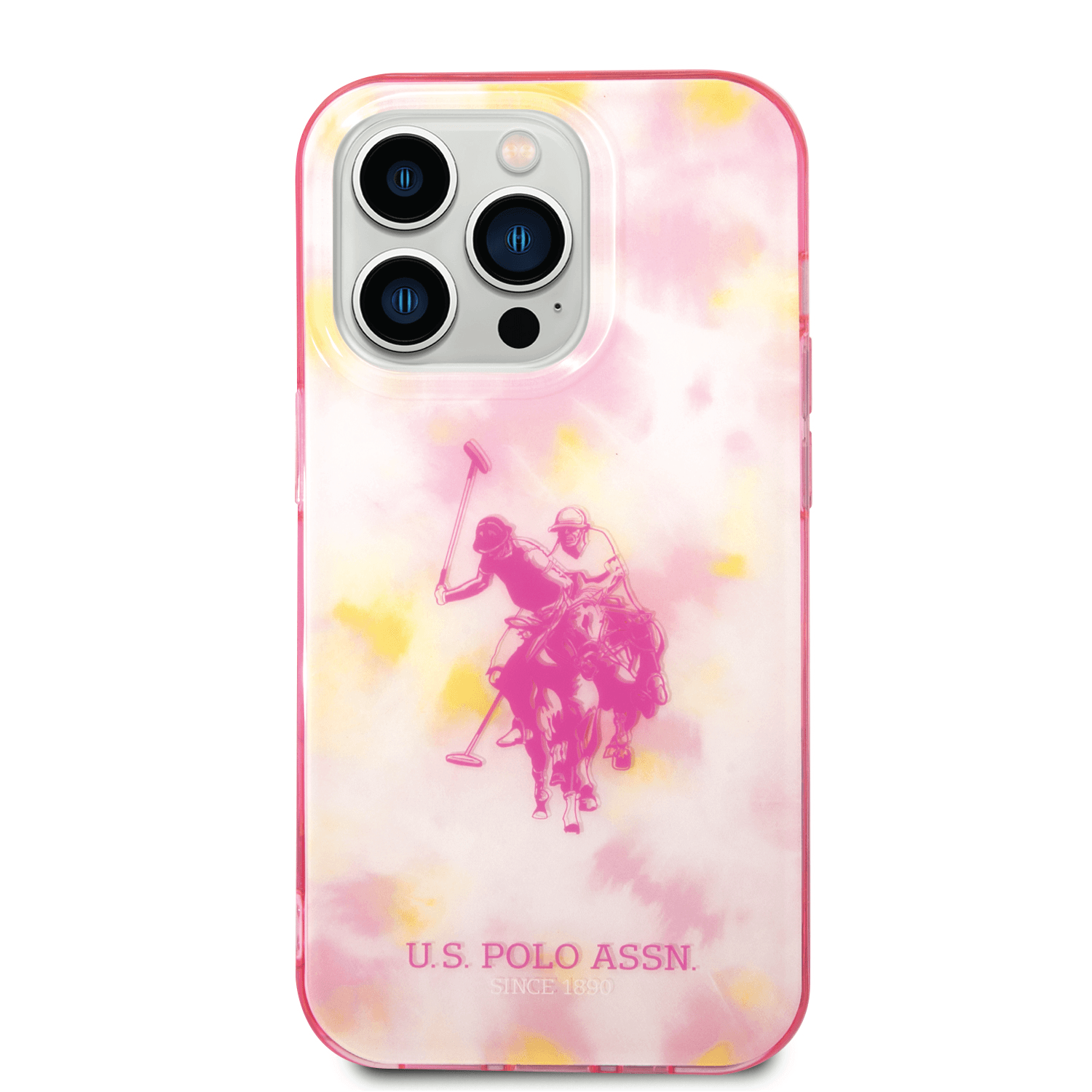 كفر جوال ايفون 14 برو ماكس سيليكون لون وردي من يو اس بولو USPA PC TPU Case With Tie&Dye Design & Horse Logo For iPhone 14 Pro Max