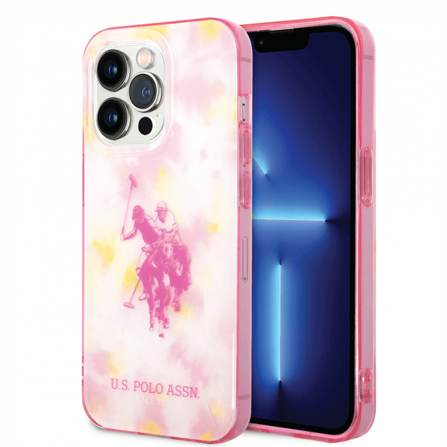 كفر جوال ايفون 14 برو ماكس سيليكون لون وردي من يو اس بولو USPA PC TPU Case With Tie&Dye Design & Horse Logo For iPhone 14 Pro Max - 283530