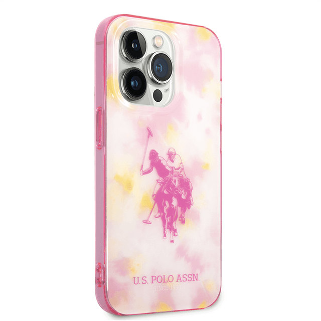 كفر جوال ايفون 14 برو ماكس سيليكون لون وردي من يو اس بولو USPA PC TPU Case With Tie&Dye Design & Horse Logo For iPhone 14 Pro Max - 283531