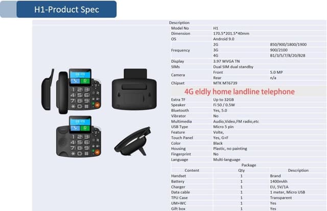 هاتف أرضي ذكي بشاشة لمس 4 بوصة شريحتين اتصال Smart 4G Big Button Android 9.0 Key Board Landline Telephone