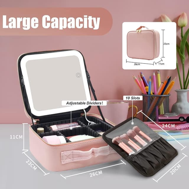 Travel Makeup Bag With Led Mirror Organiser Case With Adjustable Compartment