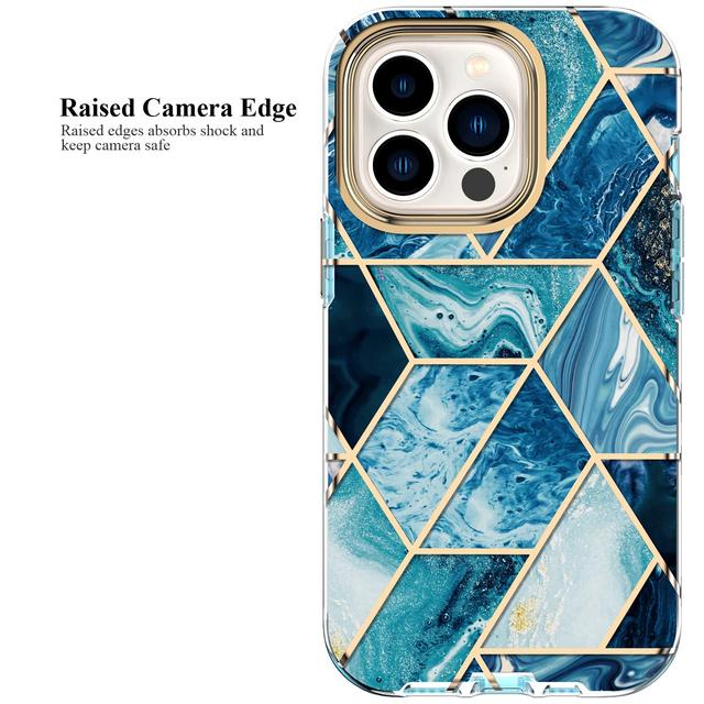 O Ozone Marble Bundle for iPhone 14 Pro Max Case + Airpods Pro 2 Case/Airpods Pro 2nd Generation Case, Full-Body Smooth Gloss Finish Marble Shockproof Bumper Stylish Cover for Women Girls (Blue) - SW1hZ2U6MTQzMzE2Nw==