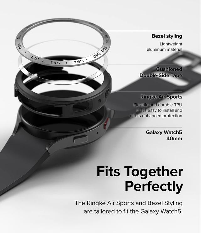 Ringke [Air Sports + Bezel Styling] Compatible With Samsung Galaxy Watch 5 40mm , Flexible Shockproof TPU Case with Adhesive Aluminum Frame Ring Cover - Black + 40-10 - SW1hZ2U6MTQzODIzNA==
